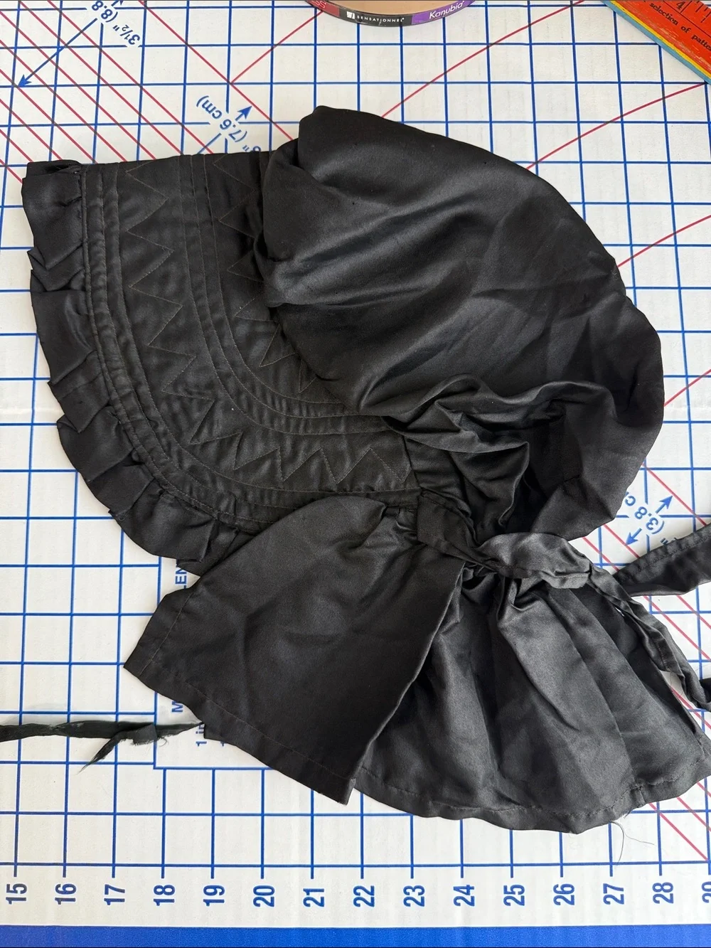 Vintage 1940s Black Satin Bonnet Quilted Ruffle Prairie Victorian Style Costume